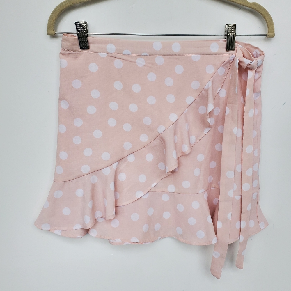 GIANNI Bini Mini Skirt Polka Dot Pink & White Wrap Sz M - EUC!